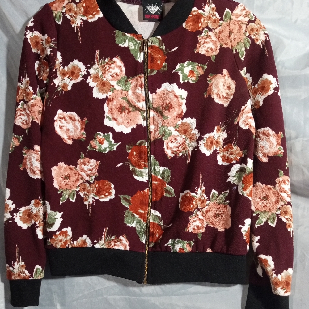 Vintage Pink Sparkle brand zipper bomber jacket burgondy & pink flowers J 14/16